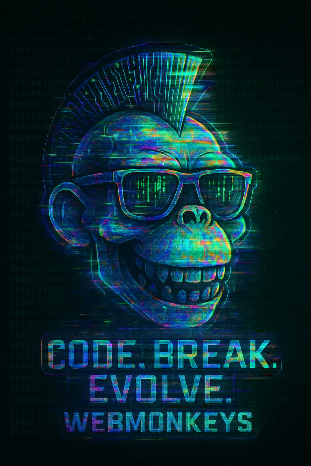 Webmonkeys cyberpunk monkey logo with Code. Break. Evolve.